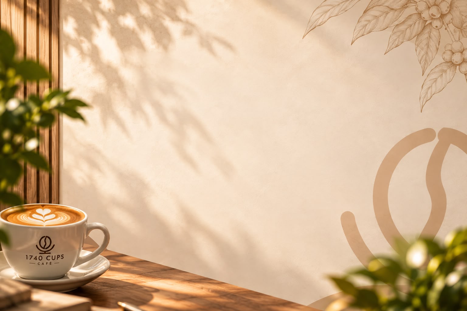Morning light and leaf shadows on the café wall.